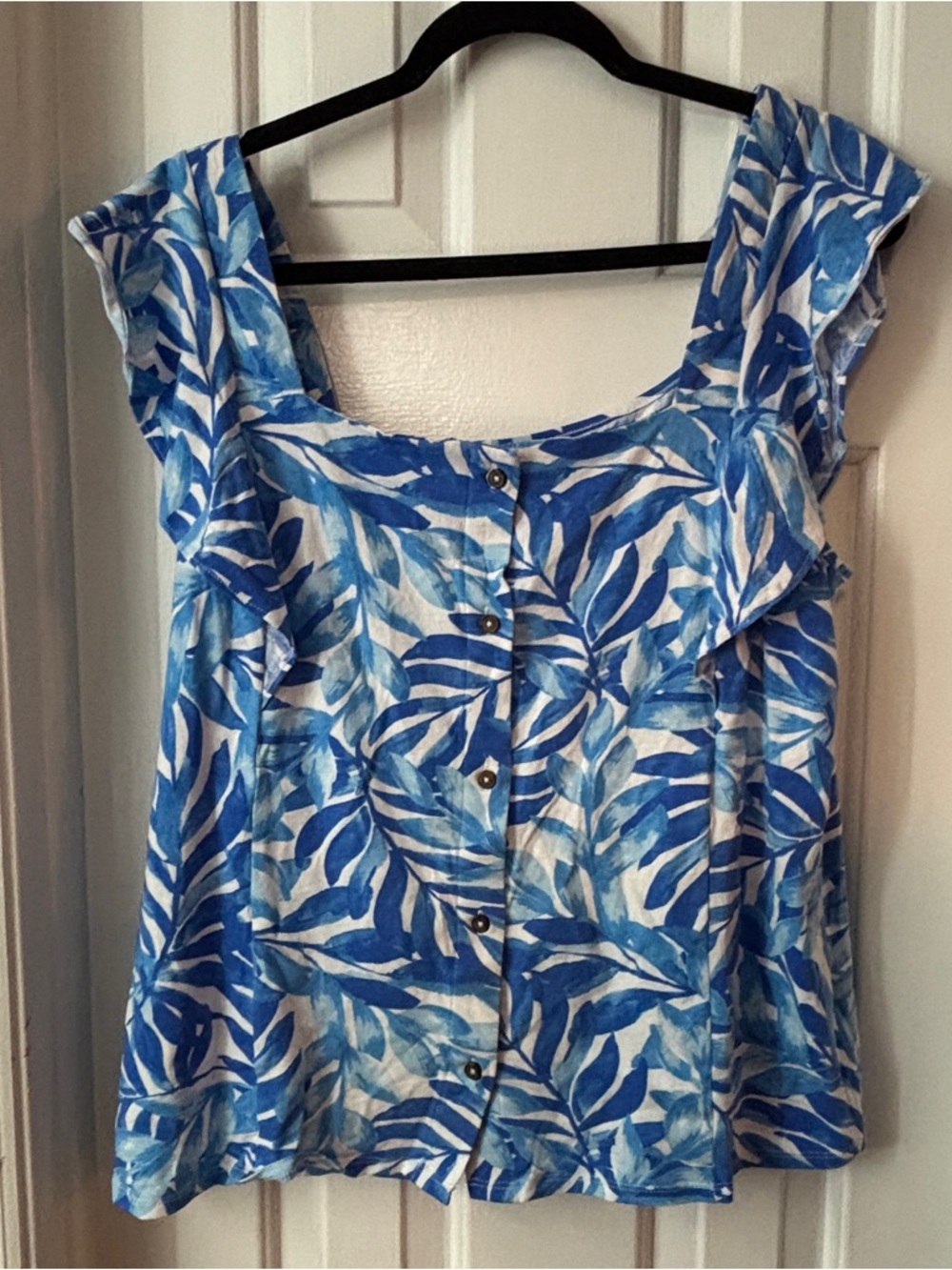 Blue Leaf-Print Button Front Women's Blouse